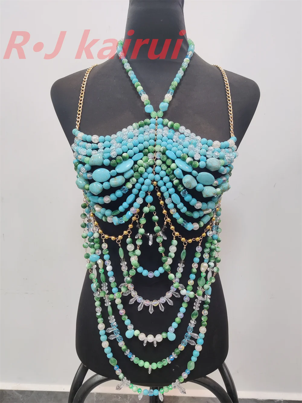 RJ Fashion Sexy Metal Real Turquoise Stone&Green Beads Neck Body Chain Halter Dress Masquerade Stage Party Jewelry Accessories