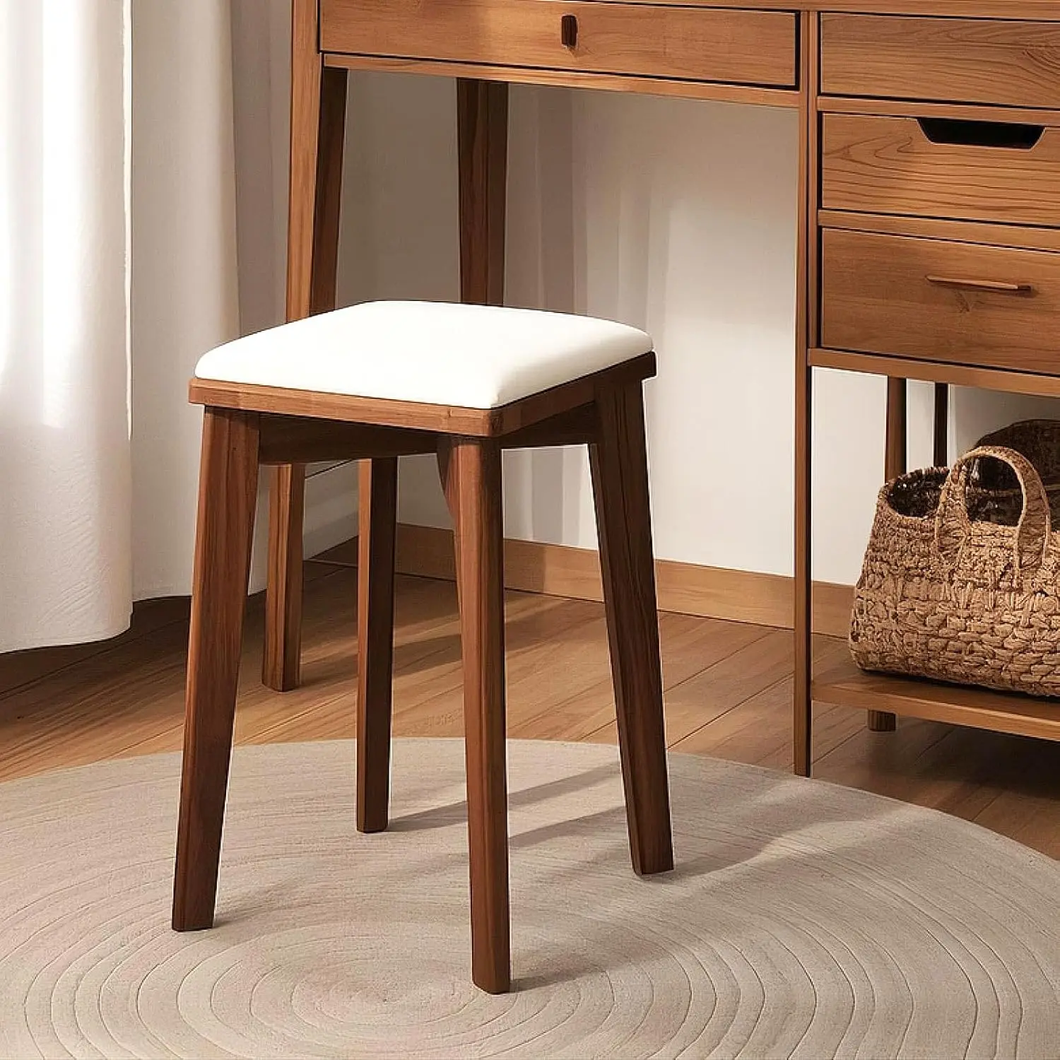 

Solid Wood Stool With Cushioned Seat, 17.7"" Square Padded Stool, Hardwood With Comfortable Cushion