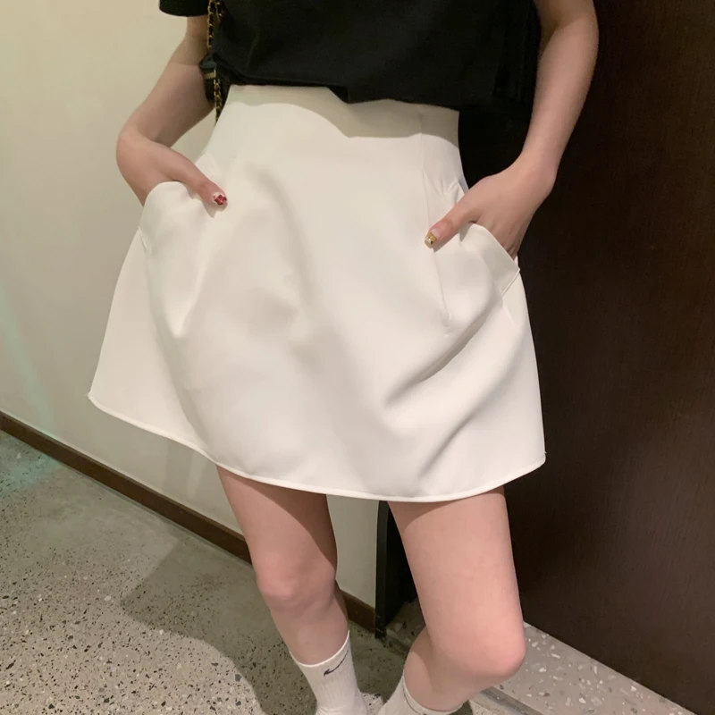 Sexy High Waist Wild Faldas Jupe Short Puffy Pocket Black Skirts for Women  Y2k White Casual Suit Skirt Work Style Chic