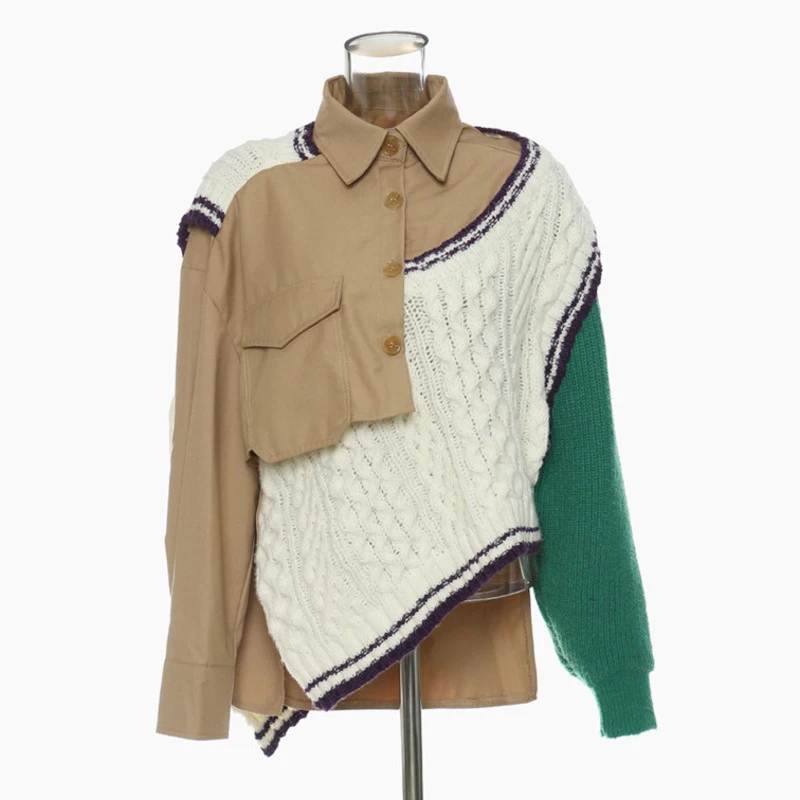 HKSH 2025 Spring Autumn New Women Coat Knitted Sweater Patchwork Contrast Color Asymmetric Elegant Streetwear Ins Jacket HK15650