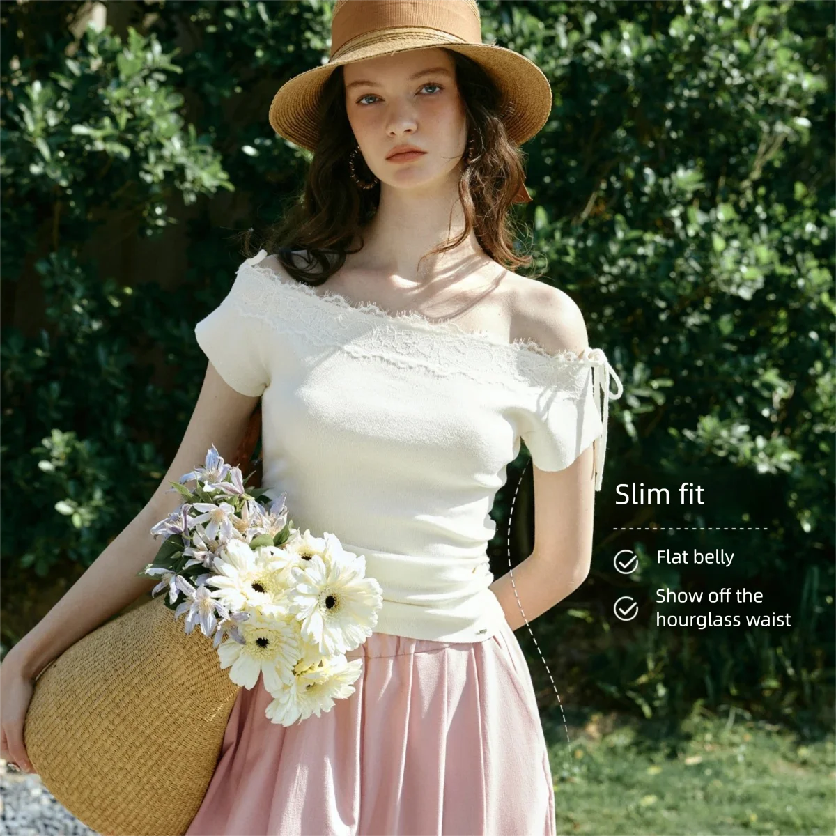 OLrain French Casual Off Shoulder Slim Fit T-shirt 2026 Summer Lace Splicing Bow Tie Short Sleeve Knitted Top Women O58XZ005363