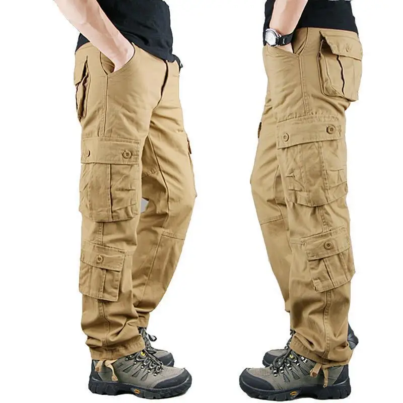 Pantalones militares de algodón para hombre, pantalón táctico informal con múltiples bolsillos, color caqui, para las cuatro estaciones