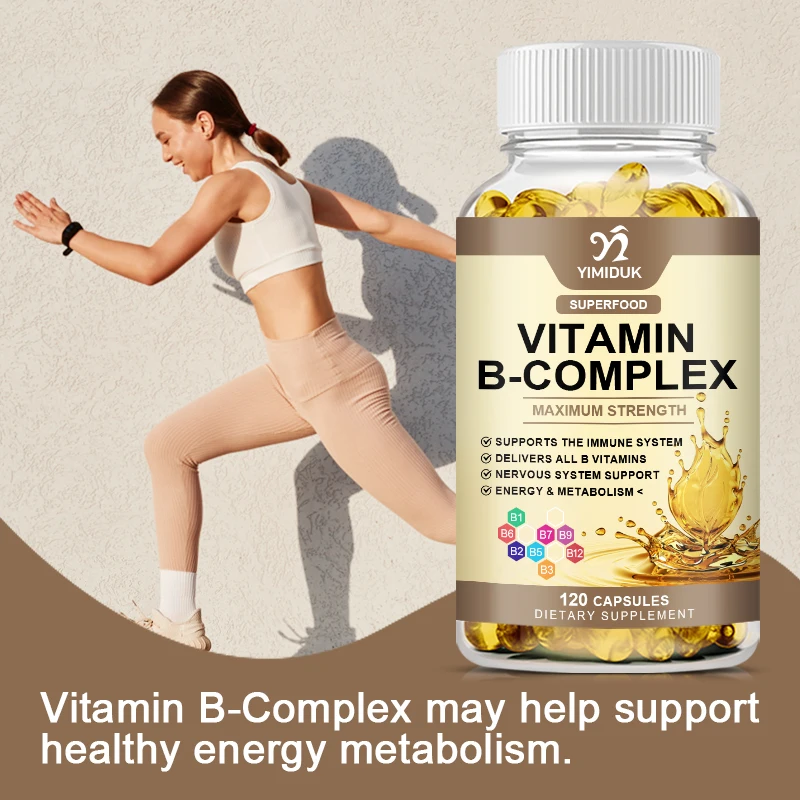 Organic Vitamin B Complex Capsule (B12 B1 B2 B3 B5 B6 B7 B9 Folic Acid & Biotin) Relieve Stress Supports Better Mood