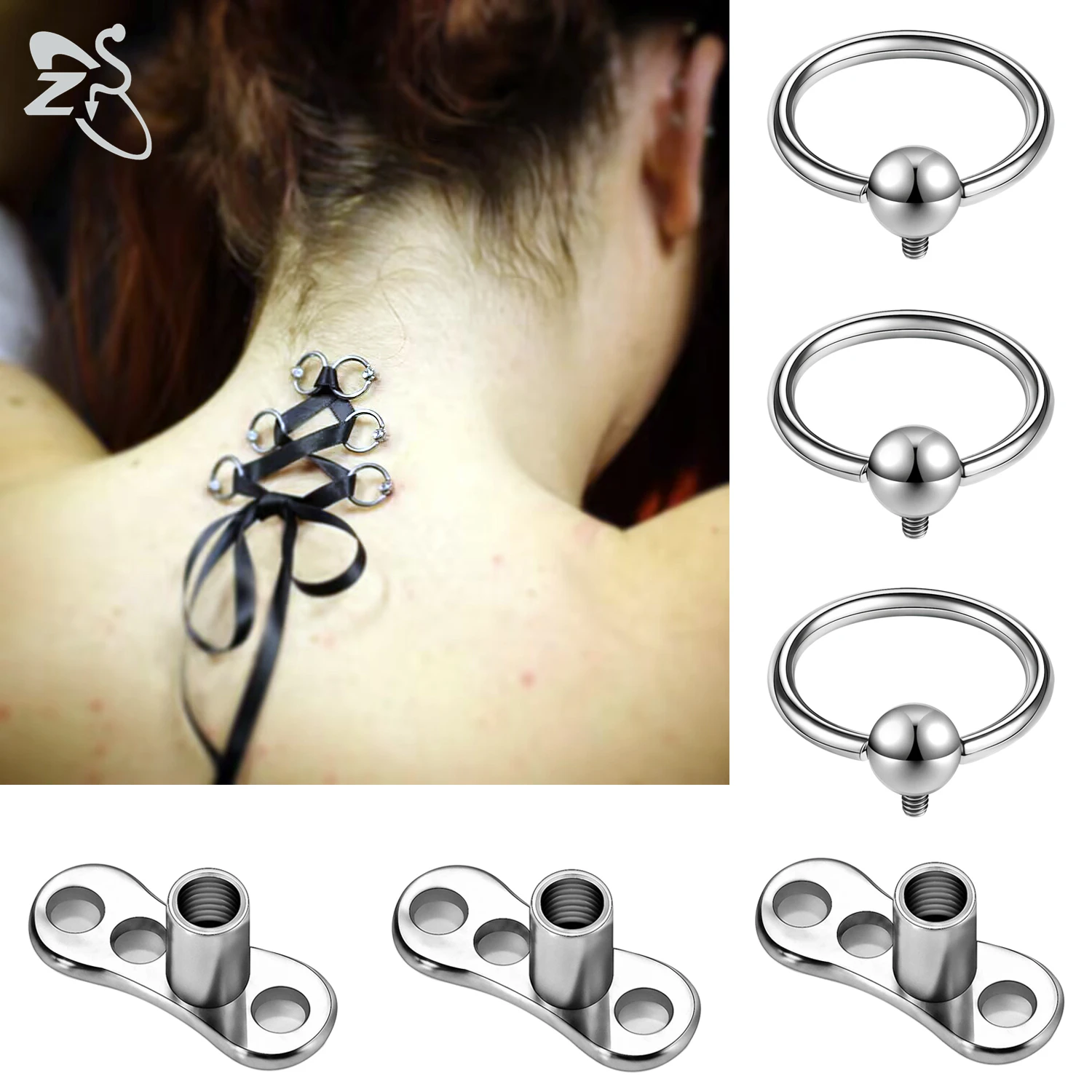 

ZS 1 Set 316L Stainless Steel Dermal Anchor Set Unisex Corset Piercings Hide In Skin 8MM/10MM Rings Microdermal Piercing Jewelry