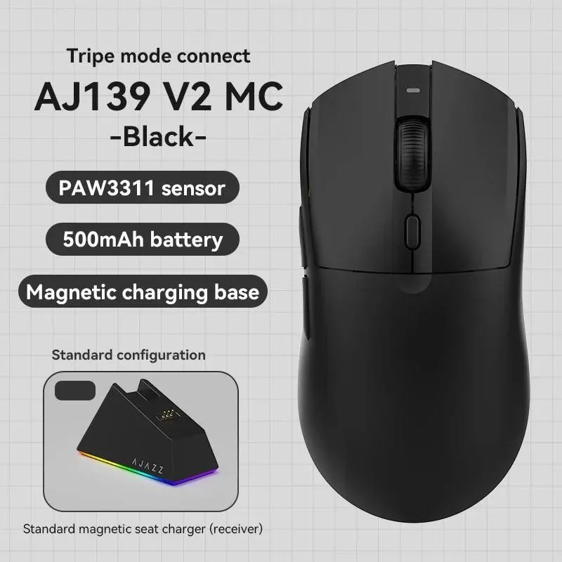 

AJAZZ AJ139 V2 MC Беспроводная мышь с тремя режимами RGB, длинный аккумулятор 500 мАч PAW3311 12000 точек на дюйм, 66 г, дизайн с большой рукой для ПК, ноутбука, геймера