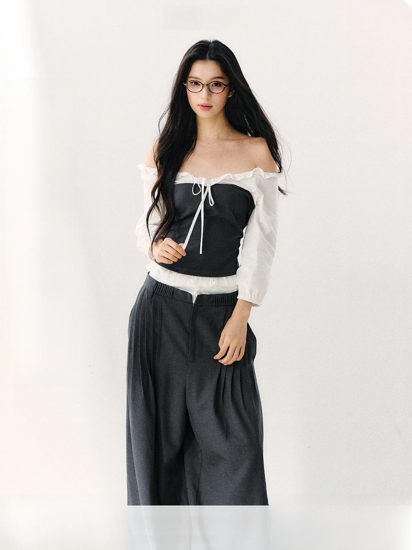 7Shiftin Original Design Shoulder Bared Bubble Sleeve Top Breathable Loose Anti Wrinkle T Shirt Lace Trim Versatile Long Sleeve