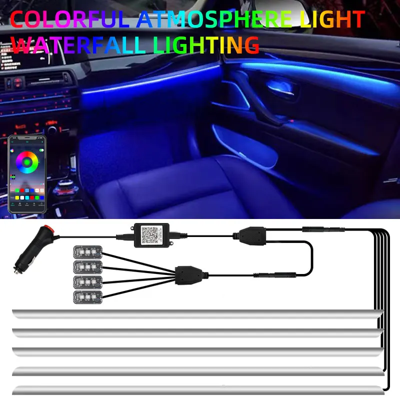 

9 In 1 RGB LED Car Ambient Lights Strip With APP Control For Auto Interior Decorative Atmosphere Lamp 64 Color Waterfall Light