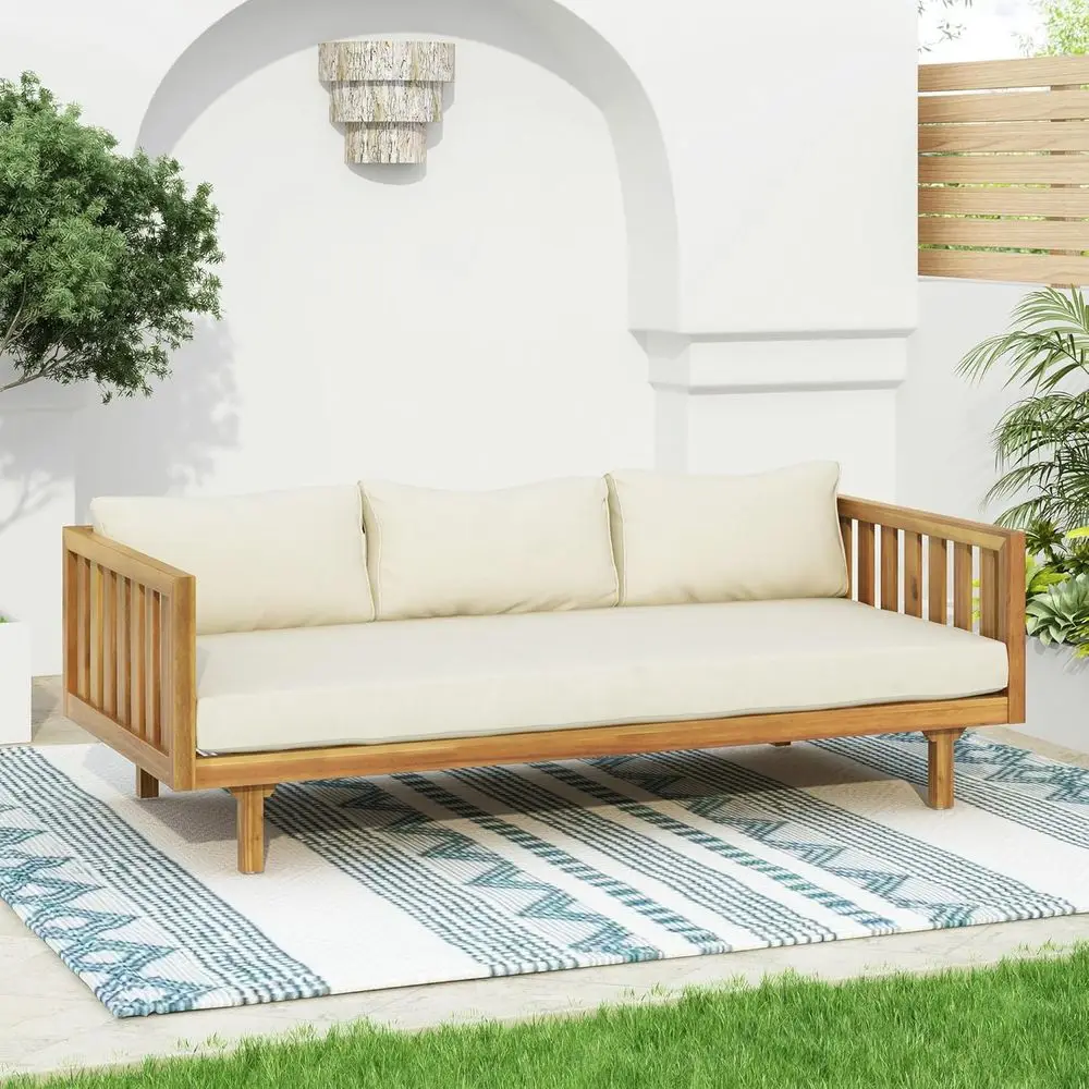 

Patio Daybed or 3 People, Outdoor Seating with Cushions, 3 Seater Patio Acacia Wood Soa or Yard Pool Backyard, Beige