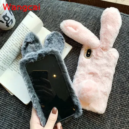 Cute 3D Rabbit Ears Fur Plush Case For iPhone 14 13 12 mini 11 Pro Max X XS Max XR 8 7 6 6S Plus 5 diamond Warm Case