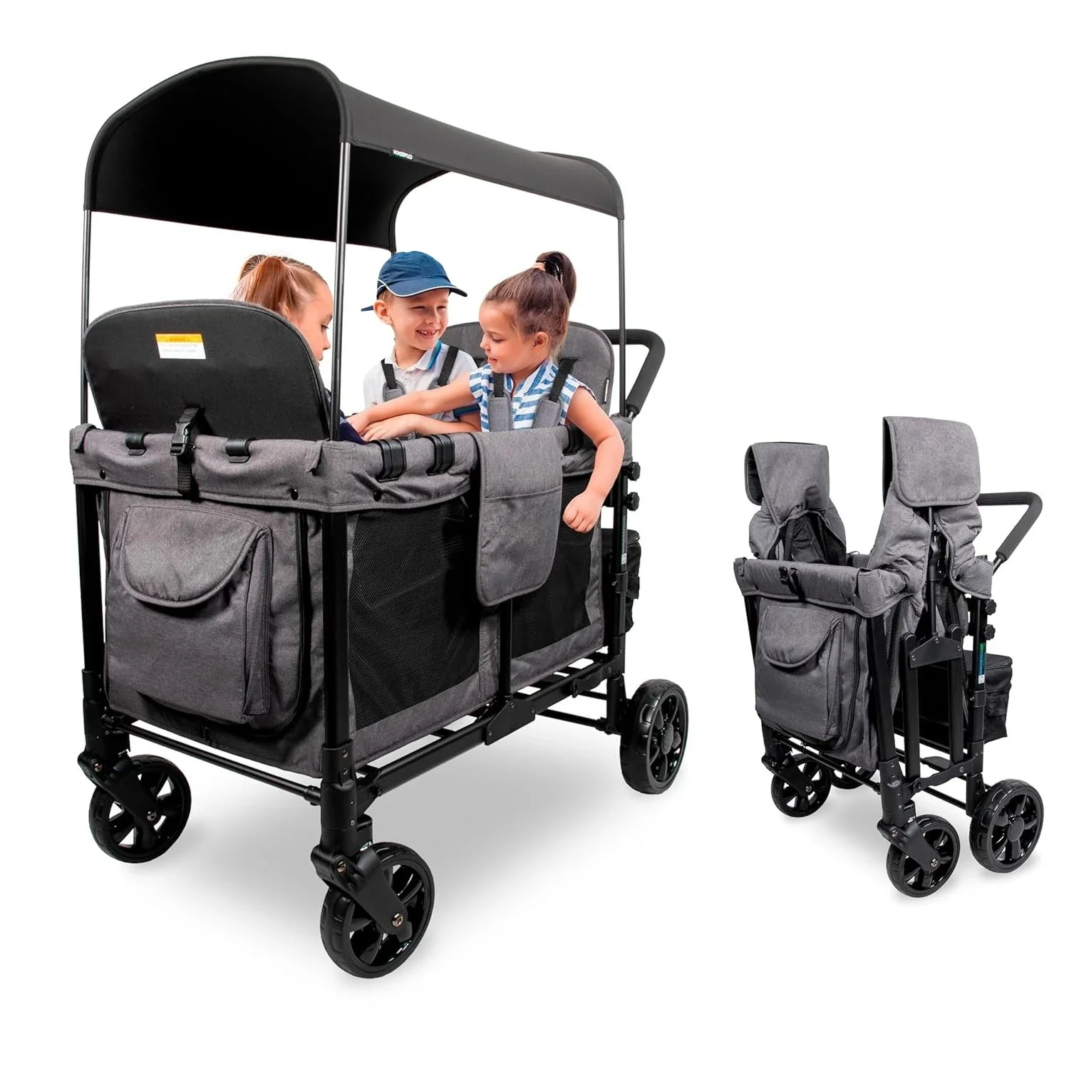 

W4 Original Stroller Wagon (4 Seater) - Collapsible Wagon Stroller with Seats with 5-Point Harnesses, Access Zipper Door, Gray