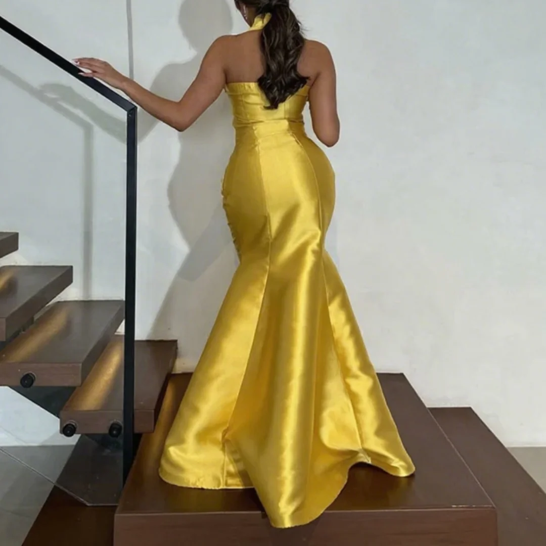 Yellow Satin Evening Dresses Mermaid Prom Gowns for Women High Neck Button Sleeveless Pleated Sexy Party Dress Customized