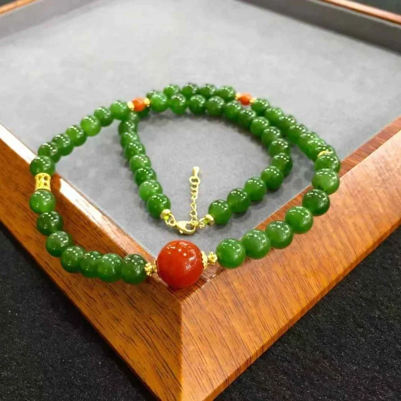 SGARIT Authentic Jadeite Natural 8mm Hetian Jade Necklace Oily Fine Texture Round Beads with 925 Silver Red Agate Unique Design