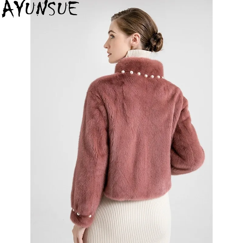 AYUNSUE violet étiquette velours manteau de fourrure femme luxe courte veste de fourrure vêtements d'extérieur élégants entiers manteaux de fourrure de vison femme vêtements Шу].