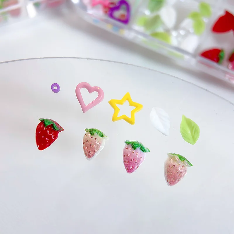 12 Grids Dopamine Gradient Strawberry Nail Charms Mixed Cartoon Resin Imitation Fruit Nail Art Supplies for DIY Nails