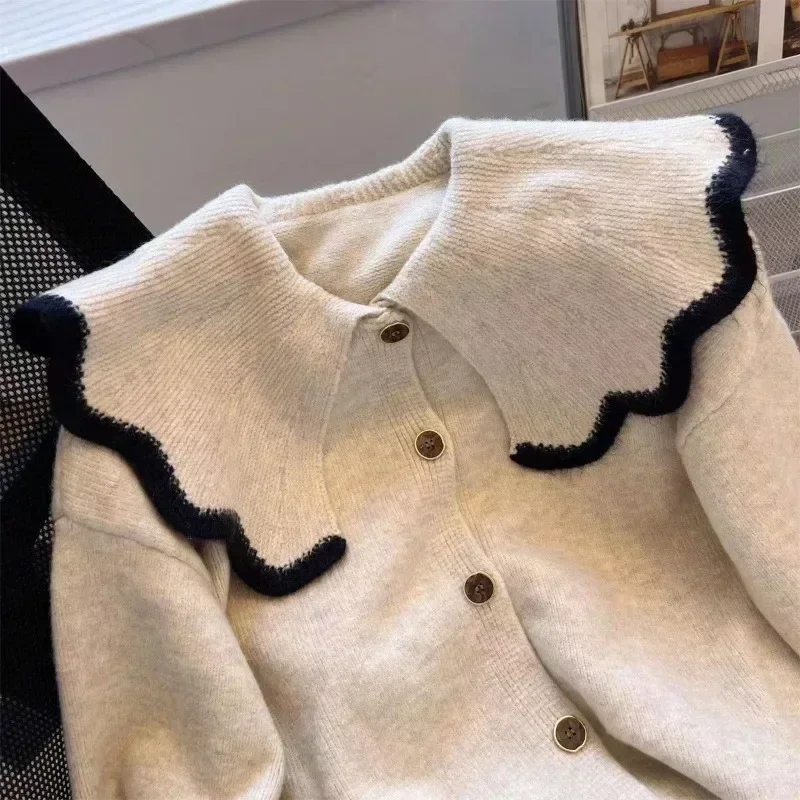 Casual Women Cardigan 2024 Autumn Winter Clothes Collar Knitted Sweater Coat Knitwear Solid Ladies Tops E4471