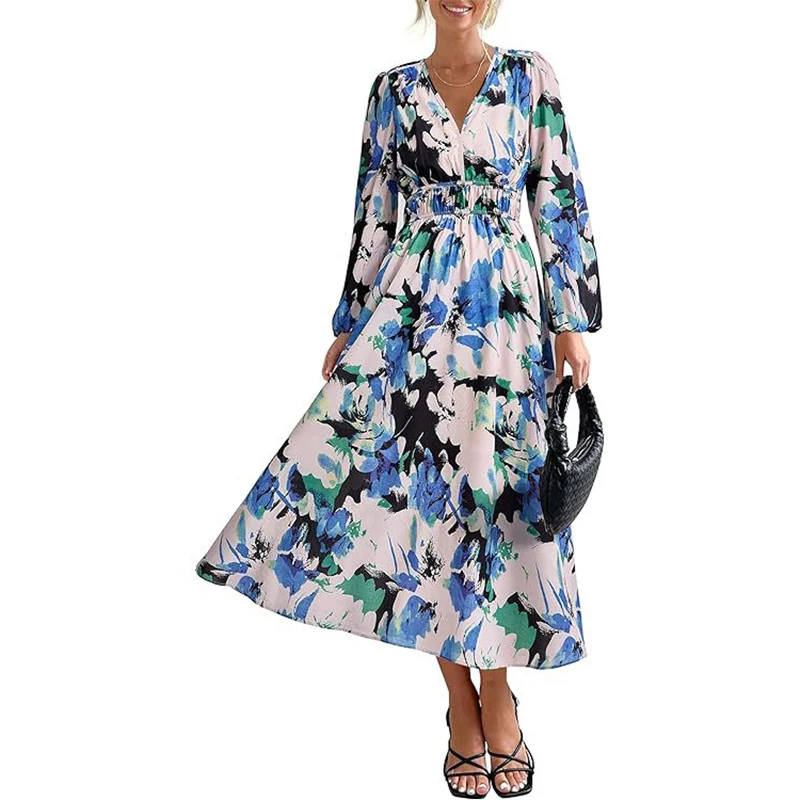 

Elegant Women's Summer Long Dress For Beach Sexy V-Neck Sundress Casual Loose Print Elastic Waist Maxi Dresses Vestidos Платье