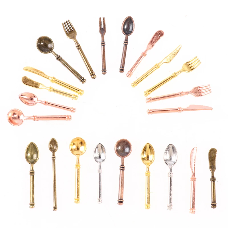 9Pcs/set 1:12 Dollhouse Miniatures Silver Bronze Tableware Mini Metal Knife Fork Spoon Set Vintage Cutlery Set Doll House Decor