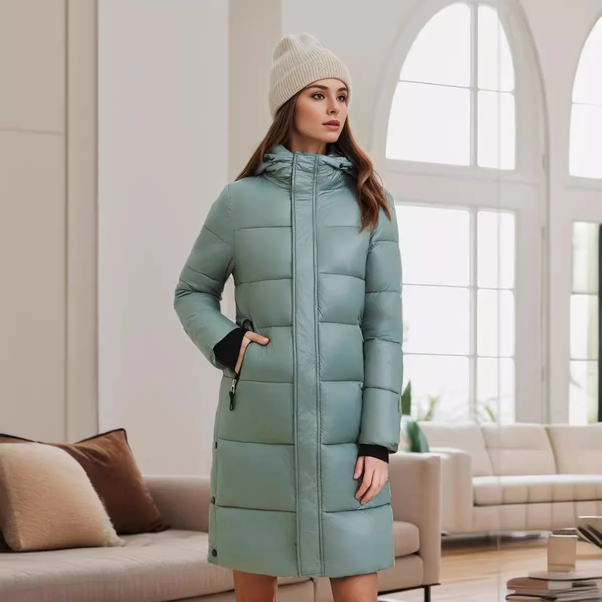 YJKDYK 2025年新作 冬 レディース ロングジャケット 厚手 暖かい フード付き ジップアップ コットンジャケット 女性 無地 カジュアル 中綿ジャケット