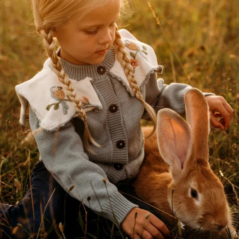 Sweater Coat Knitted Cardigan Heavy Embroidery Wool Long-sleeved Cardigan Sweater Boys Grils Children Fashionable Sweet Cute
