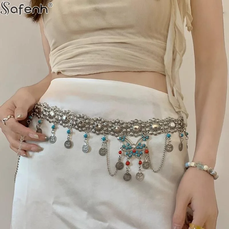 1 قطعة نمط العرقية فراشة الخصر سلسلة المرأة تنورة التخسيس ملحق المألوف البوهيمي الرقص الشرقي عملة شرابة الخصر سلسلة #3