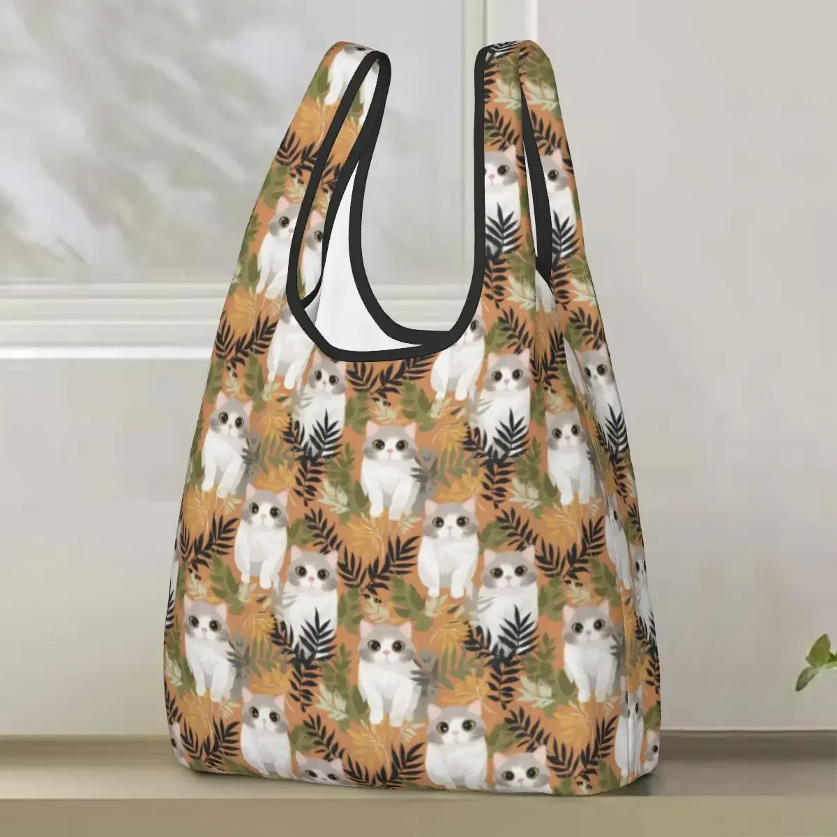 Gray Ginger And Siamese Kittens Cats Shopping Bag Portable Tote Bags Foldable Shoulder Shopper Bag Groceries Handbag