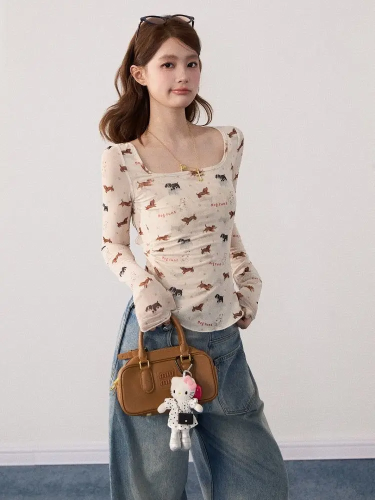 Y2k americano retro impresso t camisa feminina harajuku bodycon manga longa topo início do outono streetwear blusa coreano chique roupas femininas