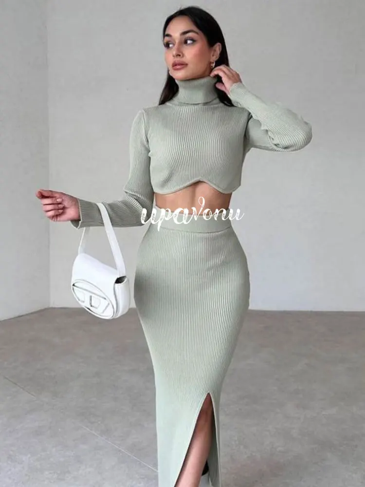 Women Knitted Sweater Long Skirt Set High Neck Long Sleeve Pullover Ultra Short Knit Shirt+High Waist Split Skirt Two Piece Set