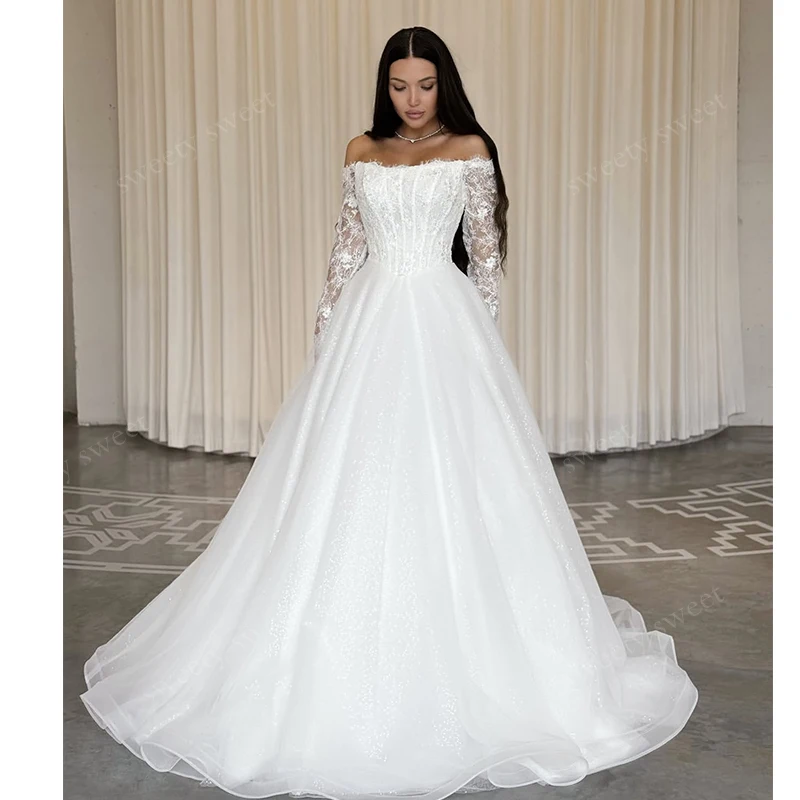 Elegant Wedding Dresses Organza With Embroidery Sequins A-Line Floor Length Ball Gown Customized Bride Dress Vestido De Novia ﻿