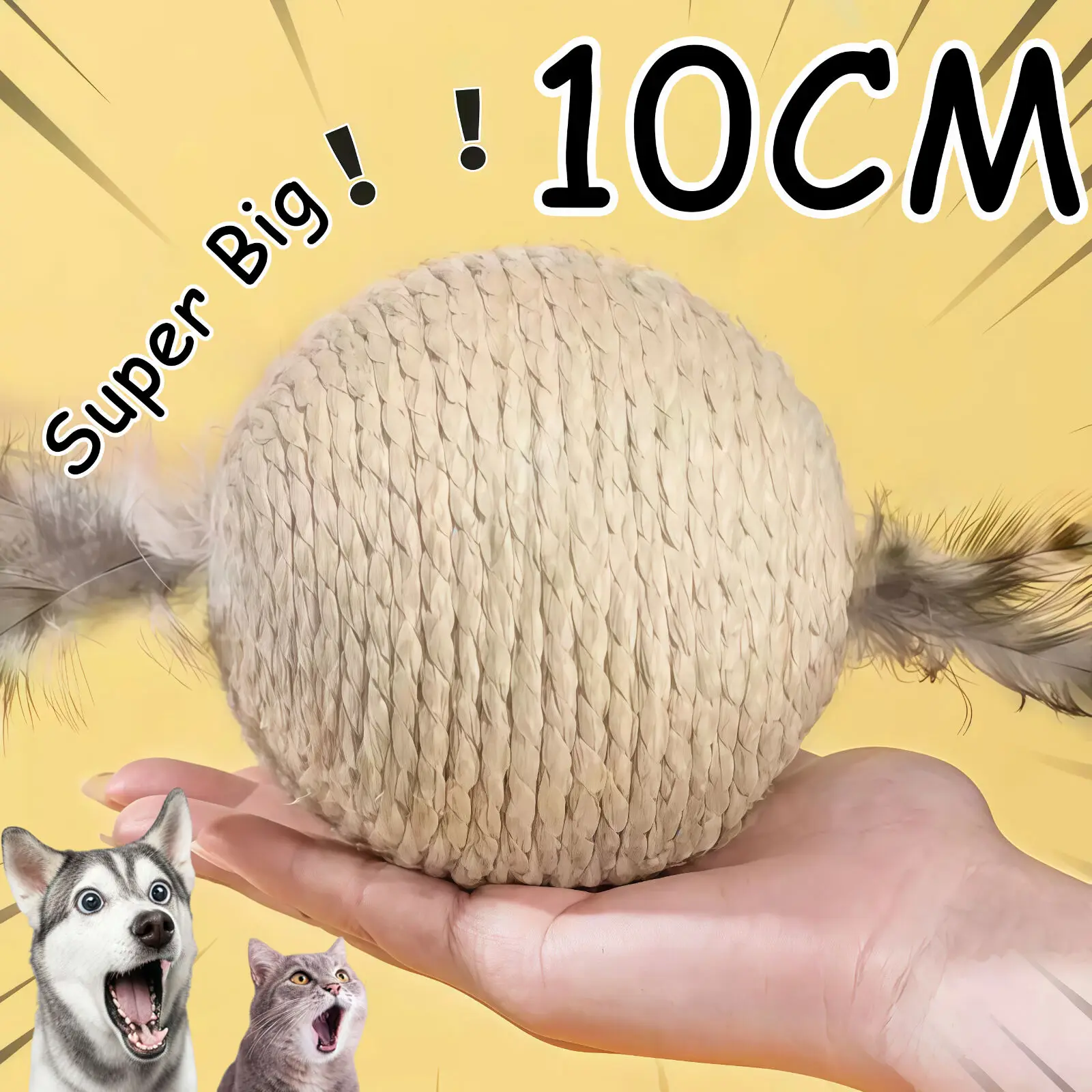 Pelota rascadora interactiva de Sisal para gatos, juguete para limpieza de dientes de gatito, antimordeduras, pelota para gatos súper grande de 10CM, juguete con sonido, suministros para mascotas
