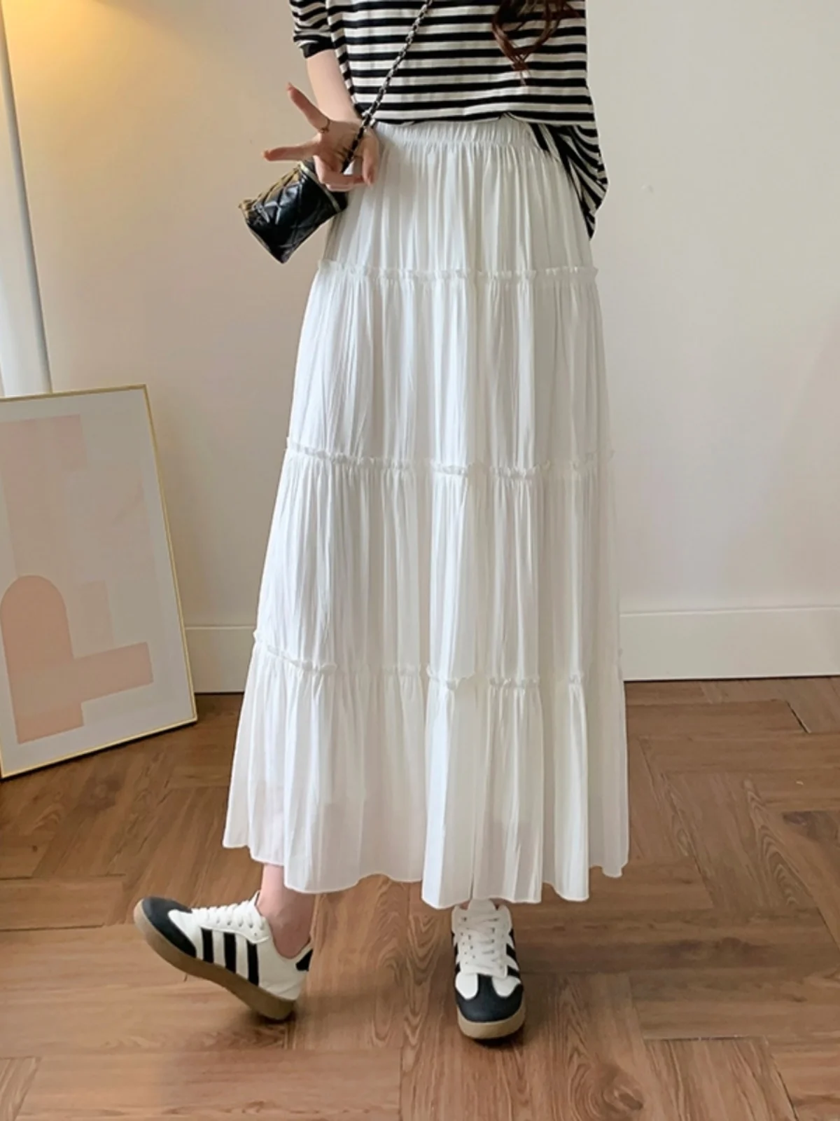 

Korean Sle High Waist A-Line Midi Skirt Summer Collection Pleated Cake Ruffle f-length Umbrella Skirt Women's Faion