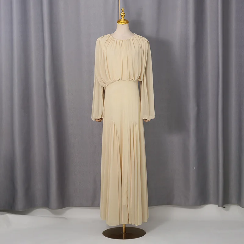 2026 Neues Französisches Elegantes Rundhals-Kleid mit Hochwertiger Plissee-Patchwork-Verzierung in Voller Länge Vestidos De Mujer – Detail 10