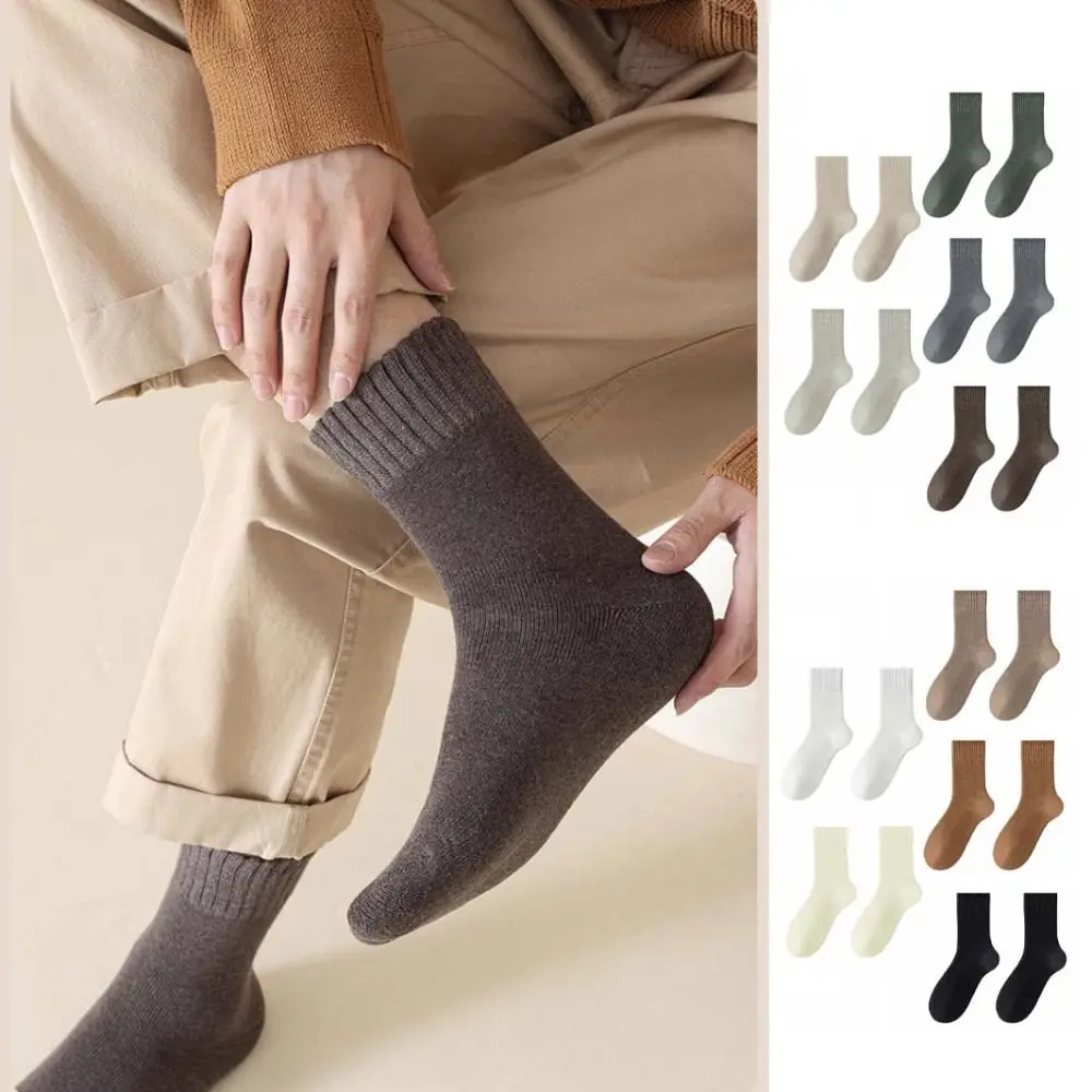 

5Pairs Basic Simple Thicken Warm Socks Stripe Solid Color Thermal Mid Length Socks Thicker Mid Tube Winter Socks Men Men Boy