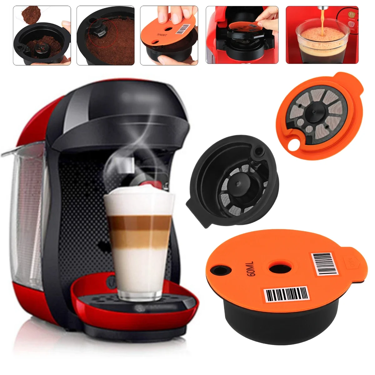 60/180ML Reusable Coffee Capsule Pods Coffee Capsule Cup with Spoon Brush for BOSCH-s Machine Tassimo Refillable Filter Maker