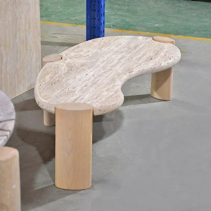 2026 OEM ODM Modern light luxury living room furniture nesting tale ash solid wood beige travertine round coffee table