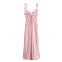 Tangada 2024 Women Pink Satin Bow Strap Dress Ladies Backless Sexy Long Dresses 6X0263