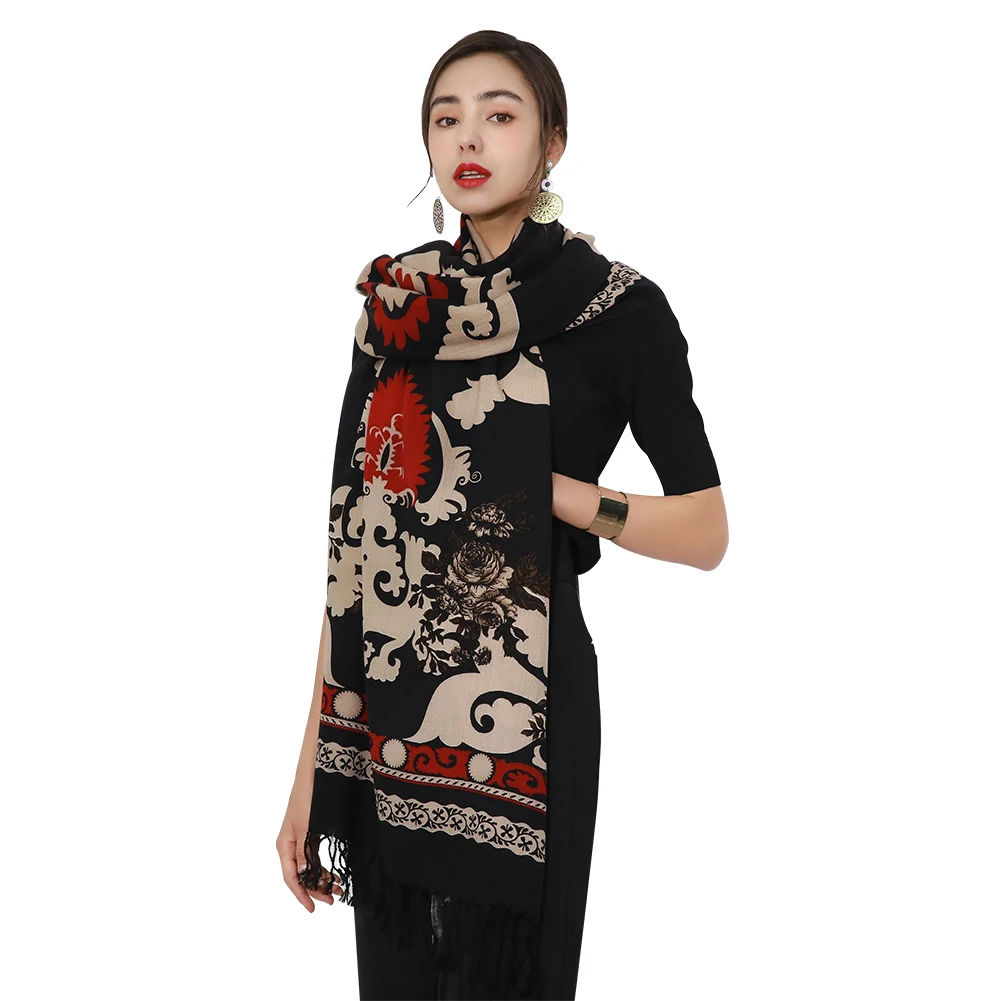 DANA XU 100% Wool Oversized Scarf Women Ethnic Floral Print Warm Winter Shawl Pashmina Wrap with Tassels 245x110cm Gift for Her