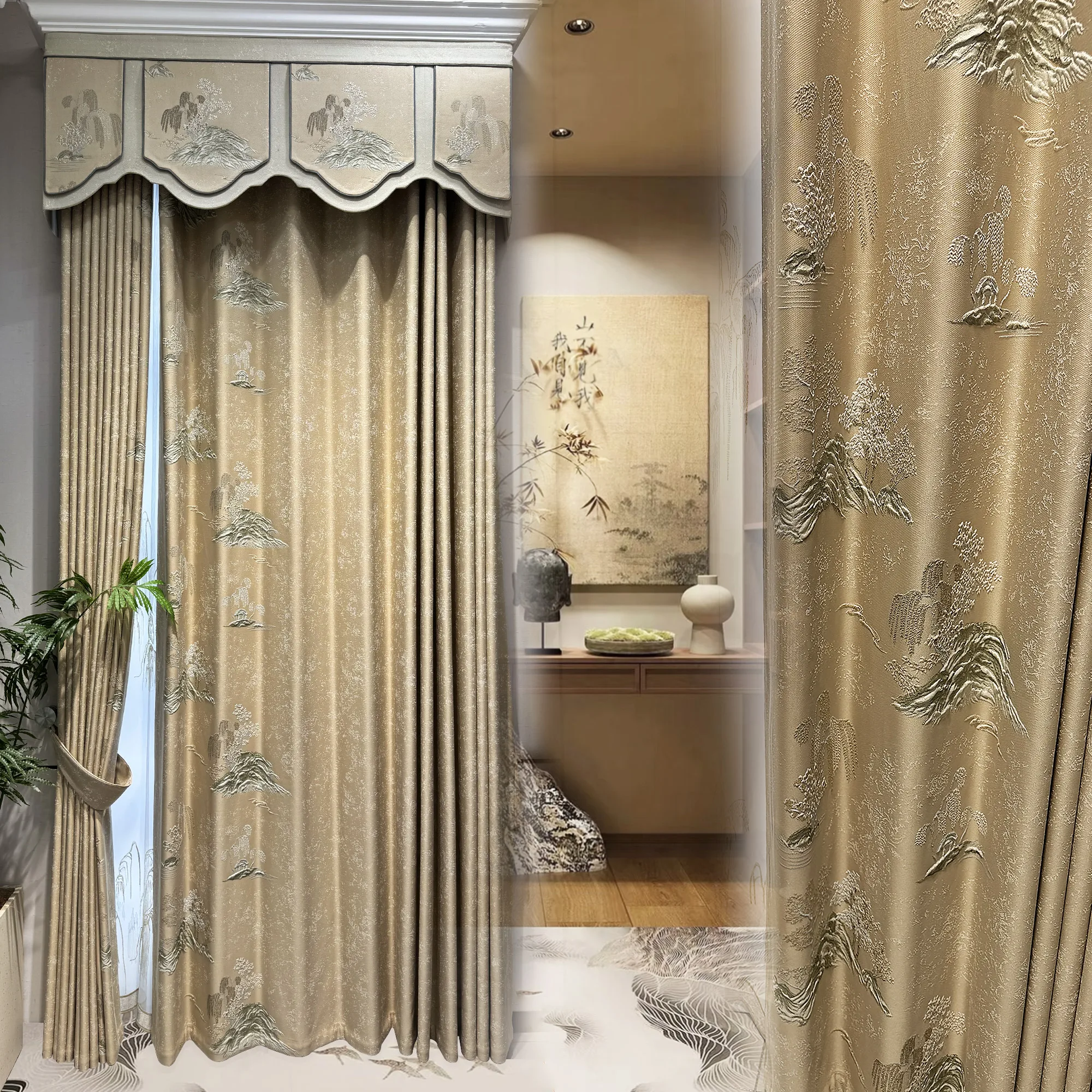 

Custom luxury European classical embroidery relief cloth livingroom window blackout curtain tulle valance drape M1824