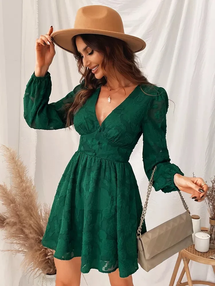 2023 New Fashion Women Spring Autumn Plunge A-Line Slim Mini Dress Woman Sexy V-Neck Long Sleeve Green Party Short Dress