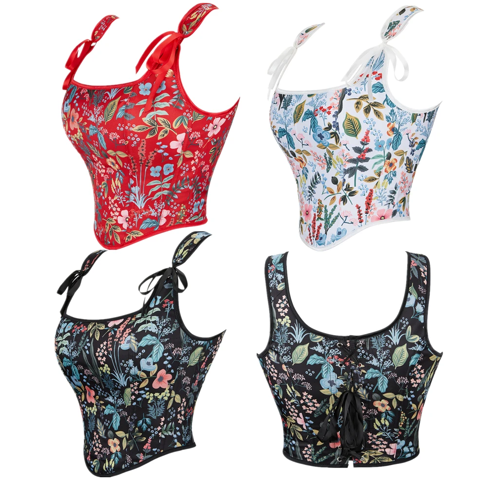 Women Floral Print Tie-Up Ribbon Corset Crop Top Sexy Backless Lace-Up Slim Bustier Camisole Retro Gothic Tank Camisole