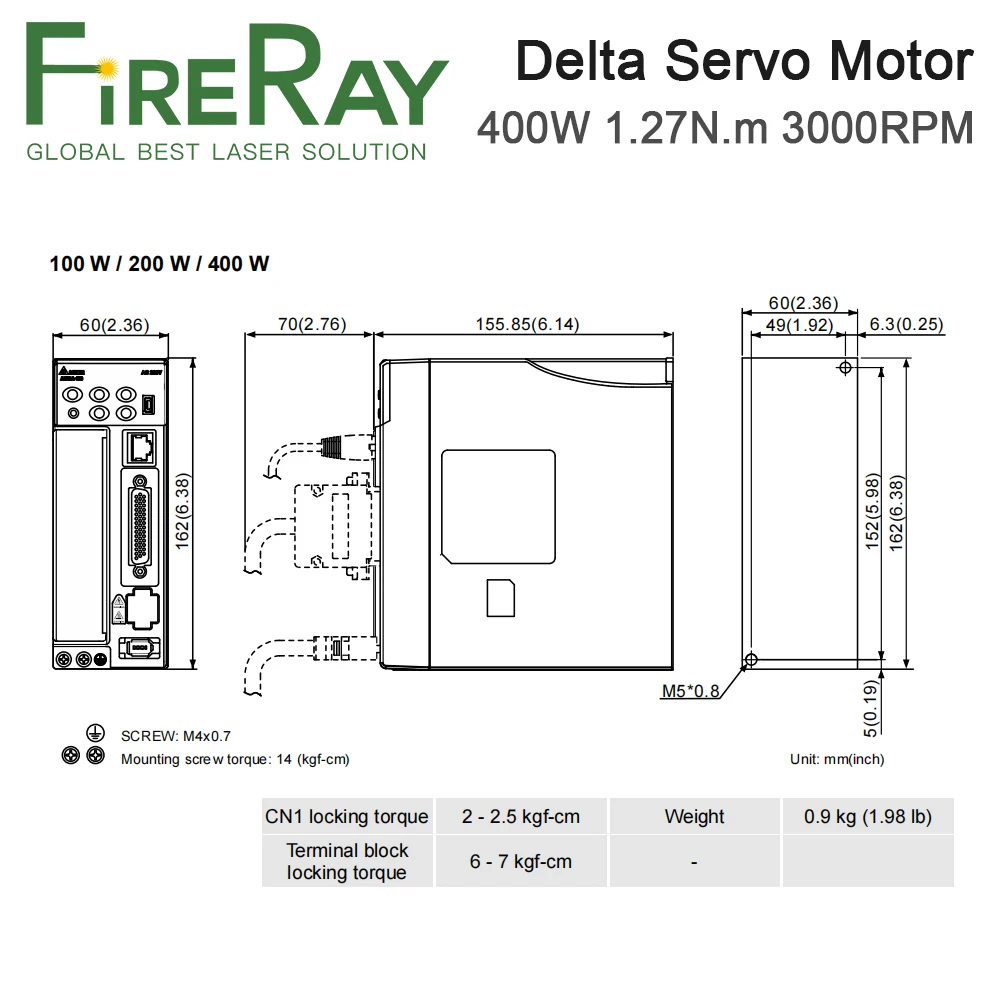 WaveTopSign Delta B3 400W AC Servo Motor Kits 3000RPM 1.27N.m ASD-B3-0421-L + ECM-B3M-CA0604RS1/SS1 Replaces B2 Series 400W