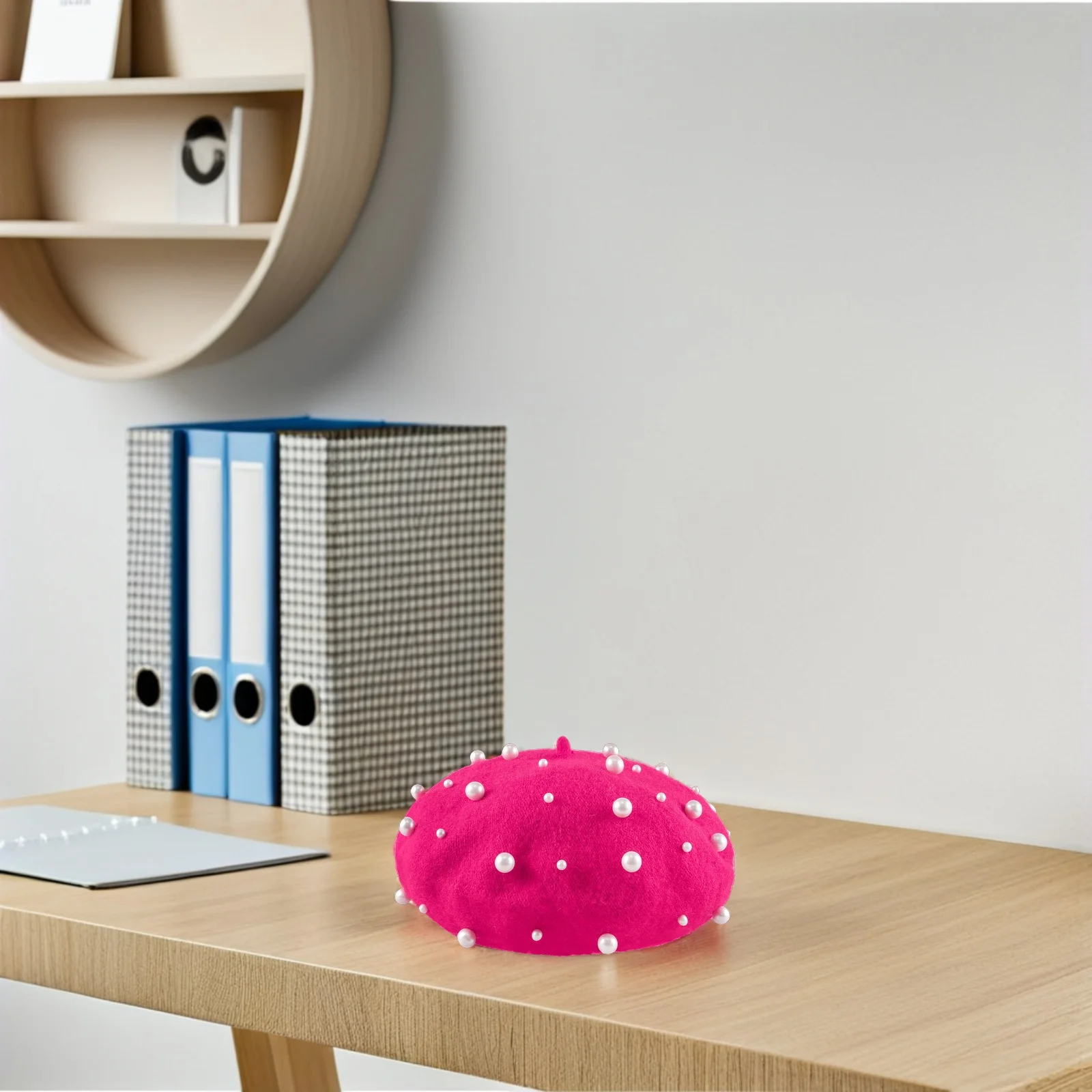 

Pearl Beret Women Autumn Winter Heavy Work Knit Hat Beaded Rivet Wool Beanie Foldable Warm Cap