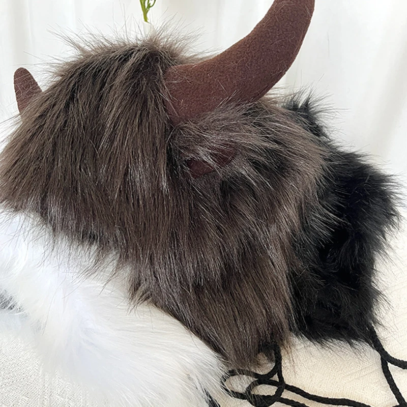 3Color Thick Plush Fluffy Cow Horn Hat Personalized Warm Soft Winter Autumn Outdoor Ski Sport Travel Halloween Party Cosplay Cap