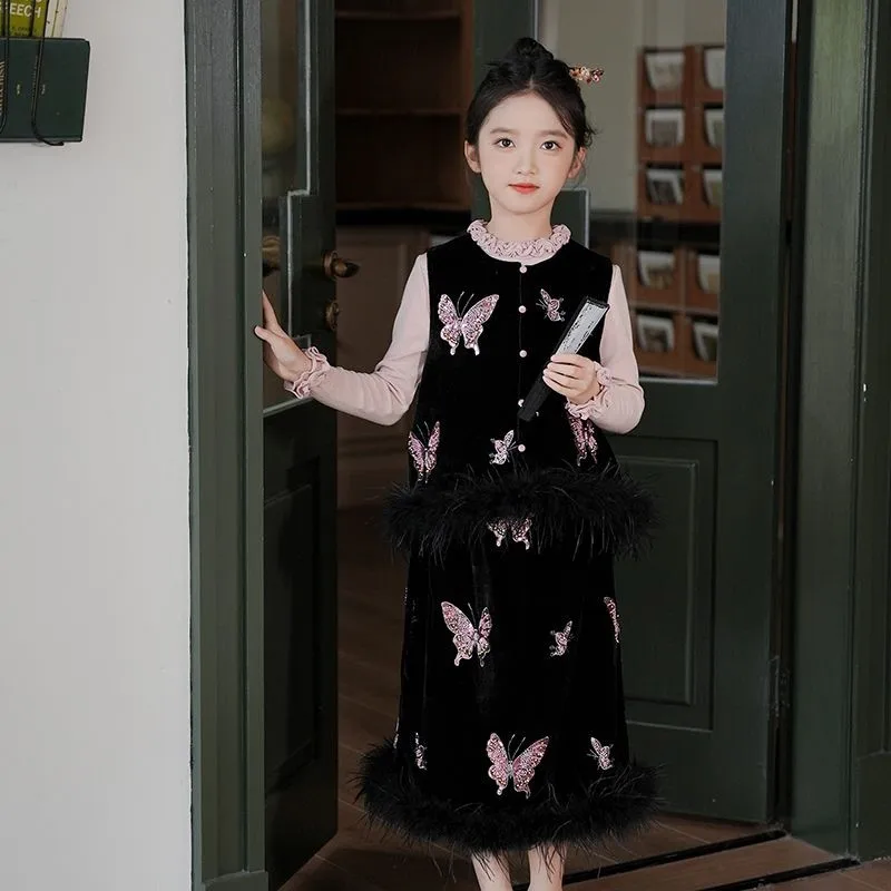 

Новый китайский комплект ханьфу для девочек, осень 2026, жилет без рукавов, юбка, комплект из 2 предметов, детский костюм Тан, детский комплект Тан LJ040