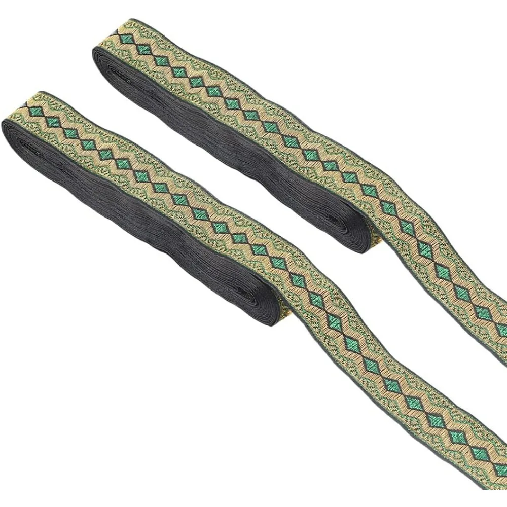 15,3 Yards 2 Rollen Jacquardband 0,79 Zoll Vintage bestickter Bandbesatz Ethnische Bänder Goldgrün zum Nähen von Vorhängen
