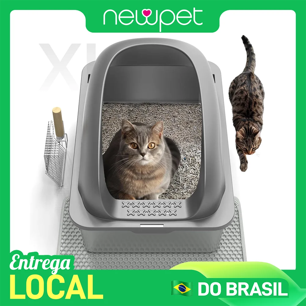 Newpet Caixa de areia para gatos de grande capacidade, caixa de areia semifechada de aço inoxidável para gatos, banheiro para animais de estimação, bandeja antirrespingos para gatos, suprimentos para animais