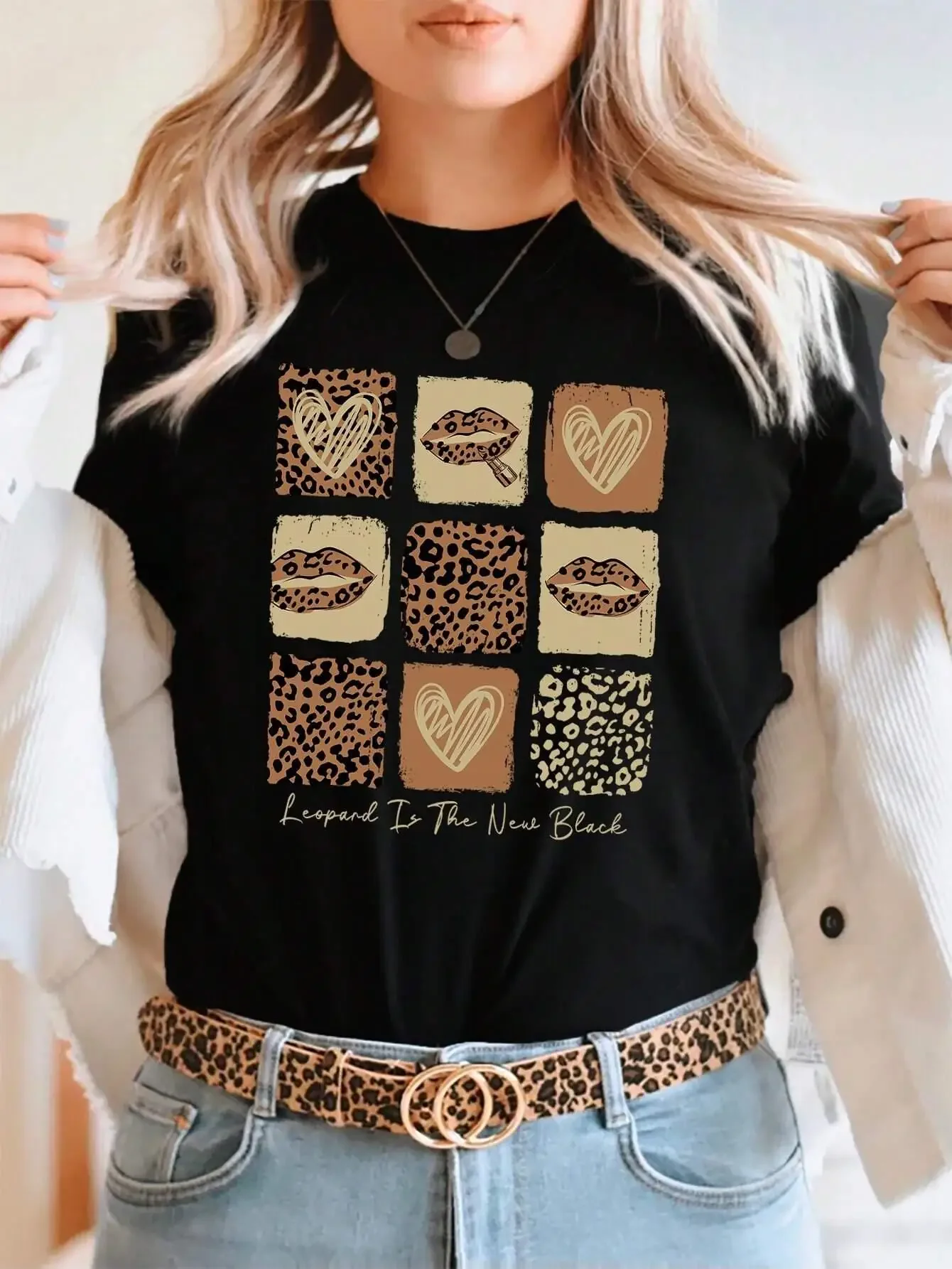 Leopard lips & Heart Printing Women T-Shirt Summer Casual Street Short Sleeve Tees Fashion Oversize Soft Female Tops Clothes