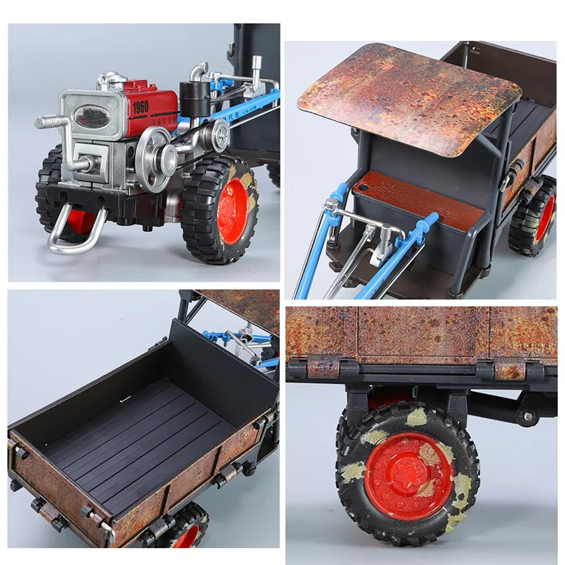 1/24 Alloy Rust Nostalgia Hand Tractor Model Diecast Agricultural Vehicle Farming Pickup Car Model Sound and Light Kids Toy Gift