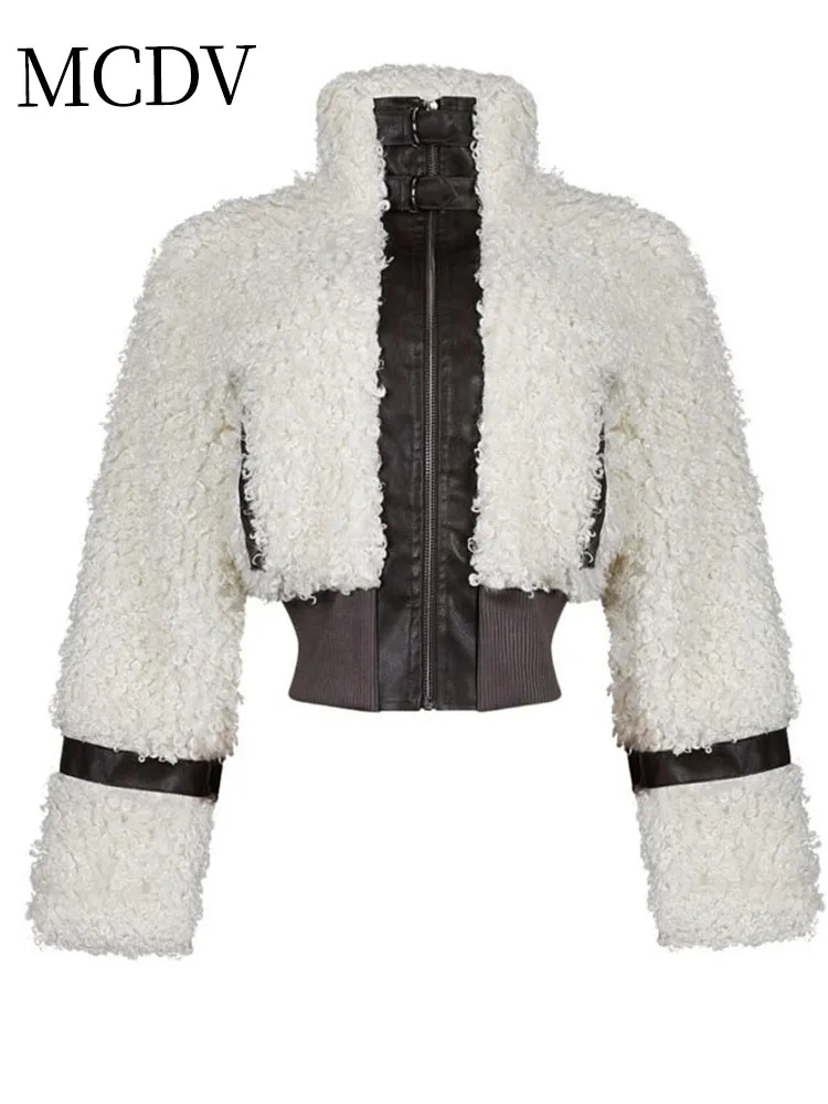 

MCDV Fashion Lamb Wool Short Jacket Women's Contrast Leather Patchwork Faux Fur Stand Collar Zipper Thick Warm Coats Streetwear