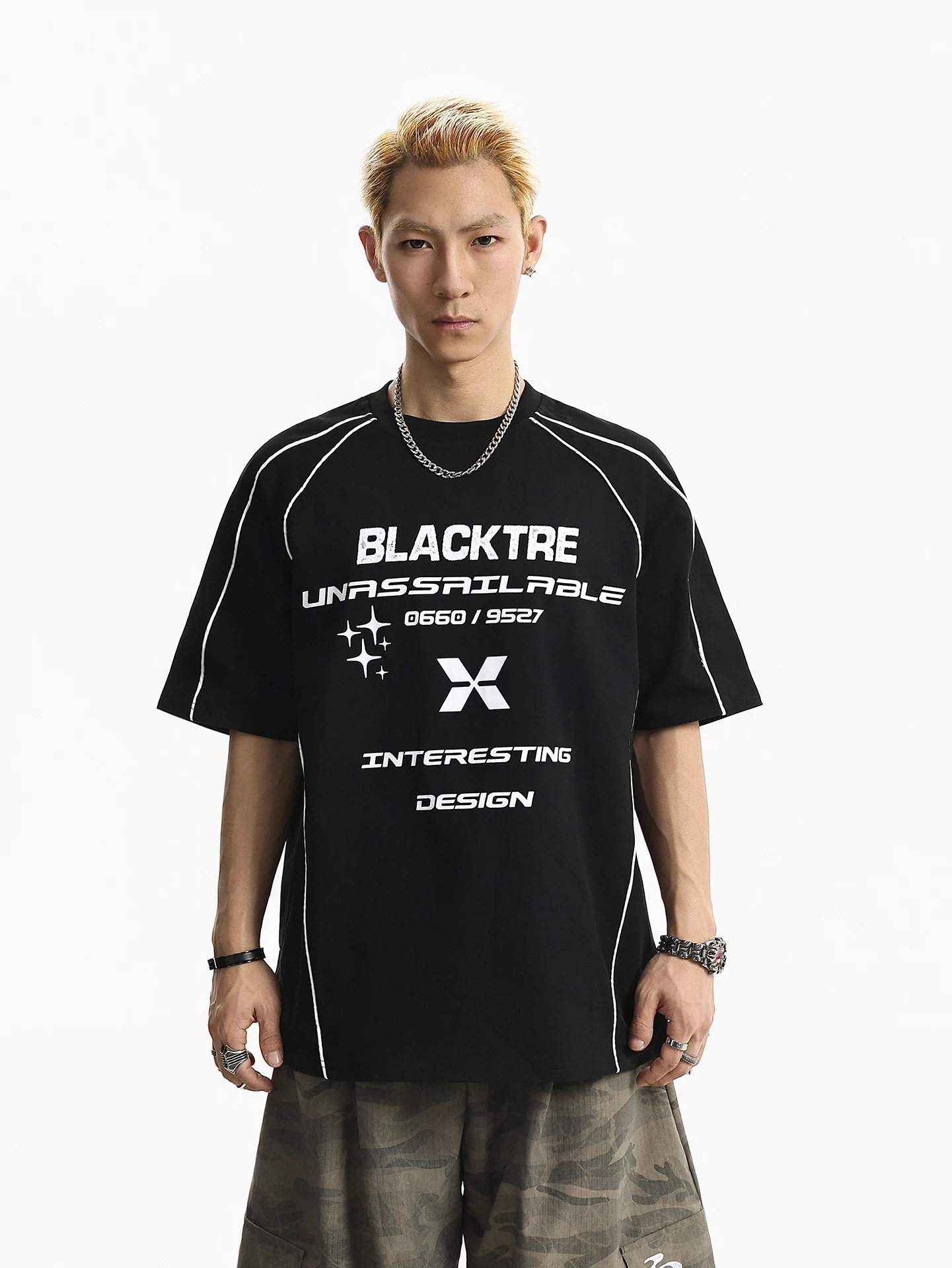 BETEBULE American High Street Letter Print Deconstructed round Neck Short Sleeve Men's Summer Trend Loose Half Sleeve Top