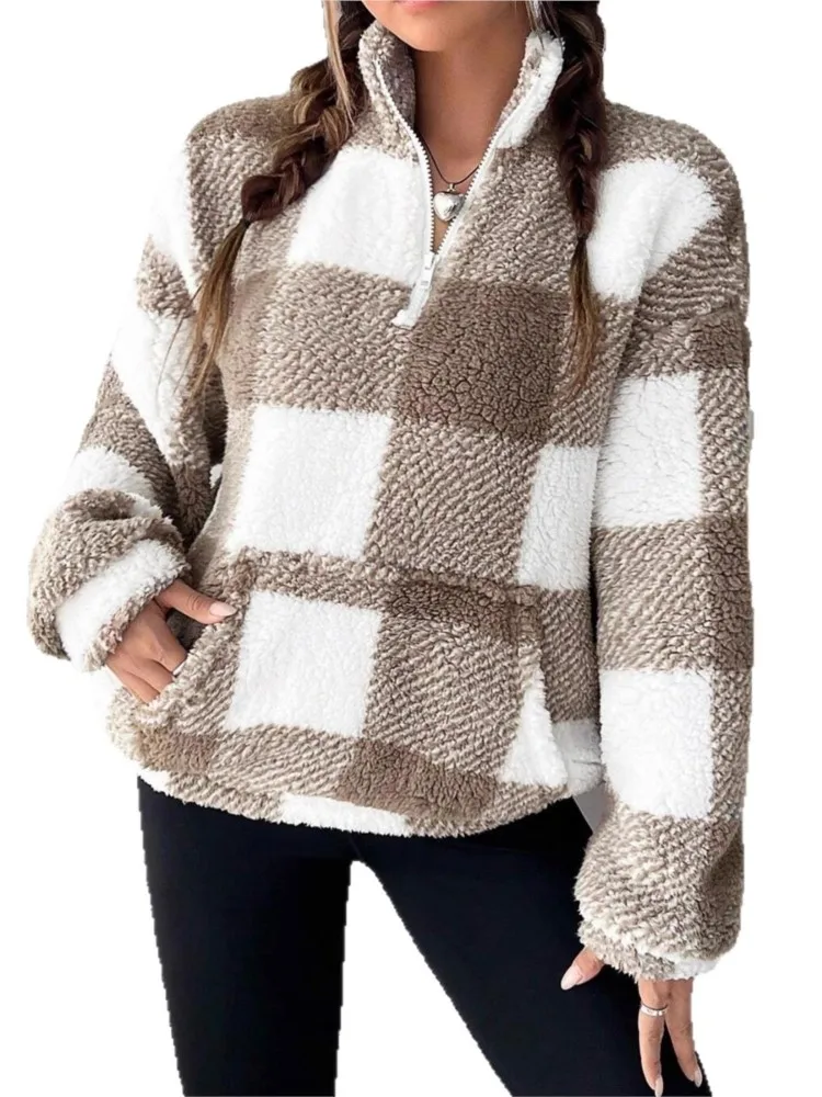 جديد الشتاء عادية زيبر شعرية أفخم هوديي المرأة فضفاضة كل مباراة كل مباراة Homewear البلوز التباين أفخم البلوز #6